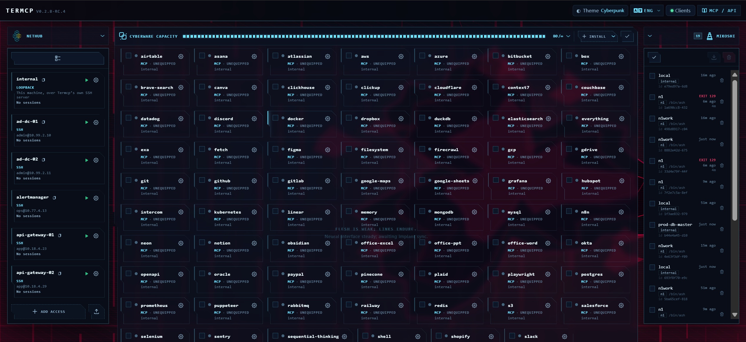 Termcp extensions panel: which MCPs are installed, which host each one runs on, and whether it is available